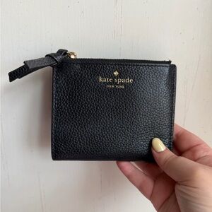 kate spade Black Pebbled Leather Zip Card Wallet with Gold Logo